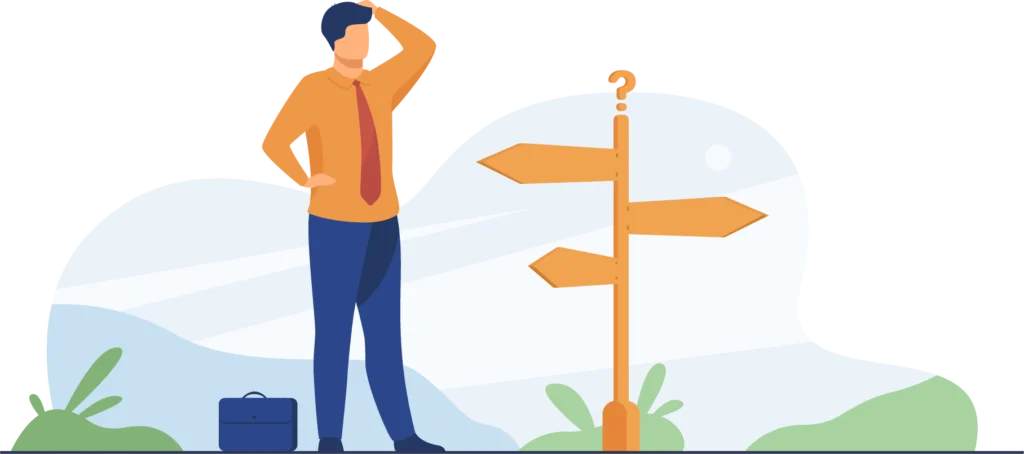 Symbolische Darstellung von Entscheidungspsychologie in Unternehmen mit Wegweiser für verschiedene Entscheidungsoptionen